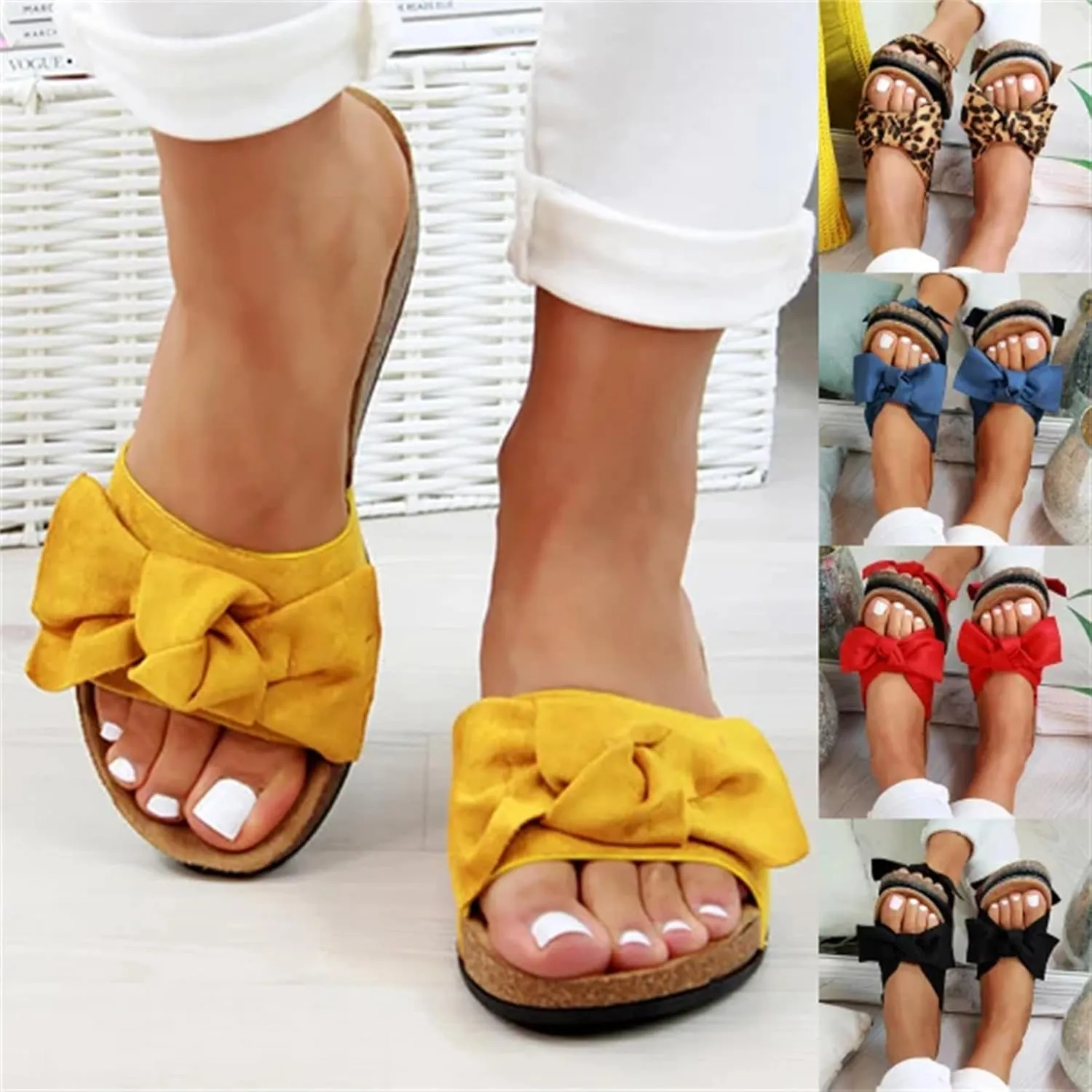 FFMA Sandals for Women Summer Flat Slide Sandals Slip On Open Toe Sandals Casual Style with Bowknot Ornament Comfy Platform Sandal Shoes Beach Travel Shoes Fashion Shoe