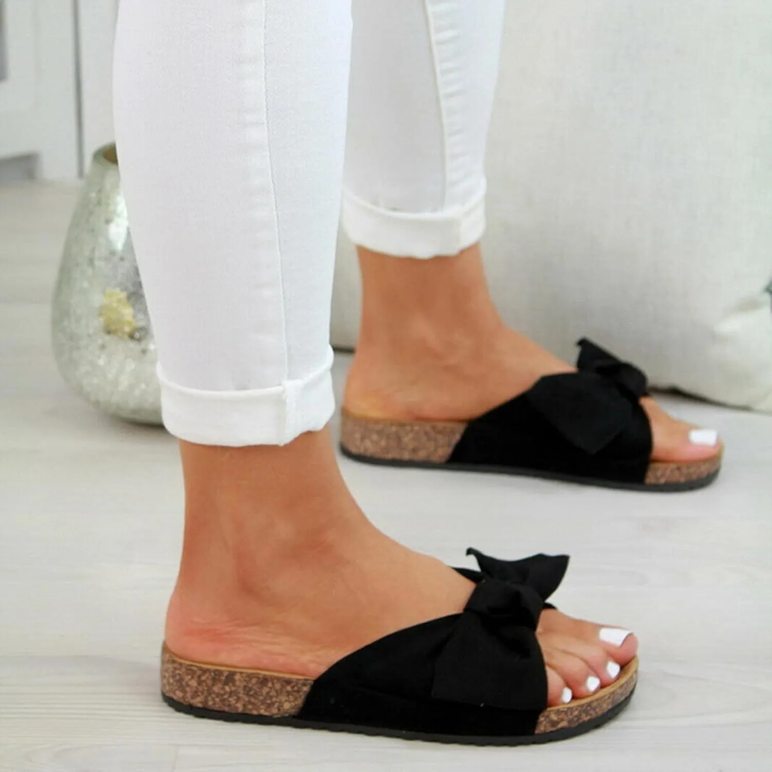 FFMA Sandals for Women Summer Flat Slide Sandals Slip On Open Toe Sandals Casual Style with Bowknot Ornament Comfy Platform Sandal Shoes Beach Travel Shoes Fashion Shoe