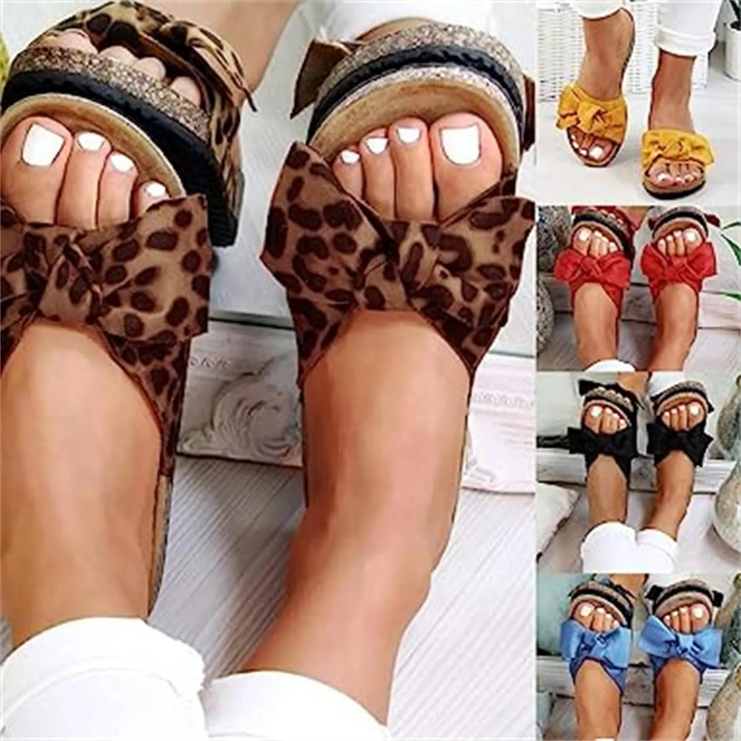 FFMA Sandals for Women Summer Flat Slide Sandals Slip On Open Toe Sandals Casual Style with Bowknot Ornament Comfy Platform Sandal Shoes Beach Travel Shoes Fashion Shoe
