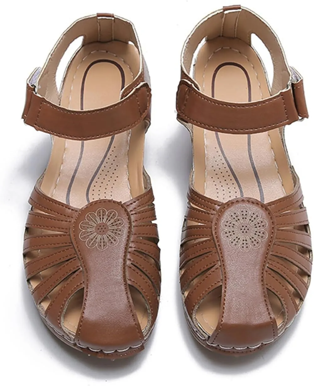 FFMA Sandals Womens Summer Wedge Sandals Closed Toe Ladies Orthopedic Sandal Roman Leather Sandals Platform Vintage Soft Wide Fit Summer Garden Shoes