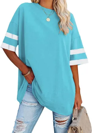 Fisoew Womens Oversized Tees Loose T Shirts Half Sleeve Crew Neck Color Block Cotton Tunic Tops