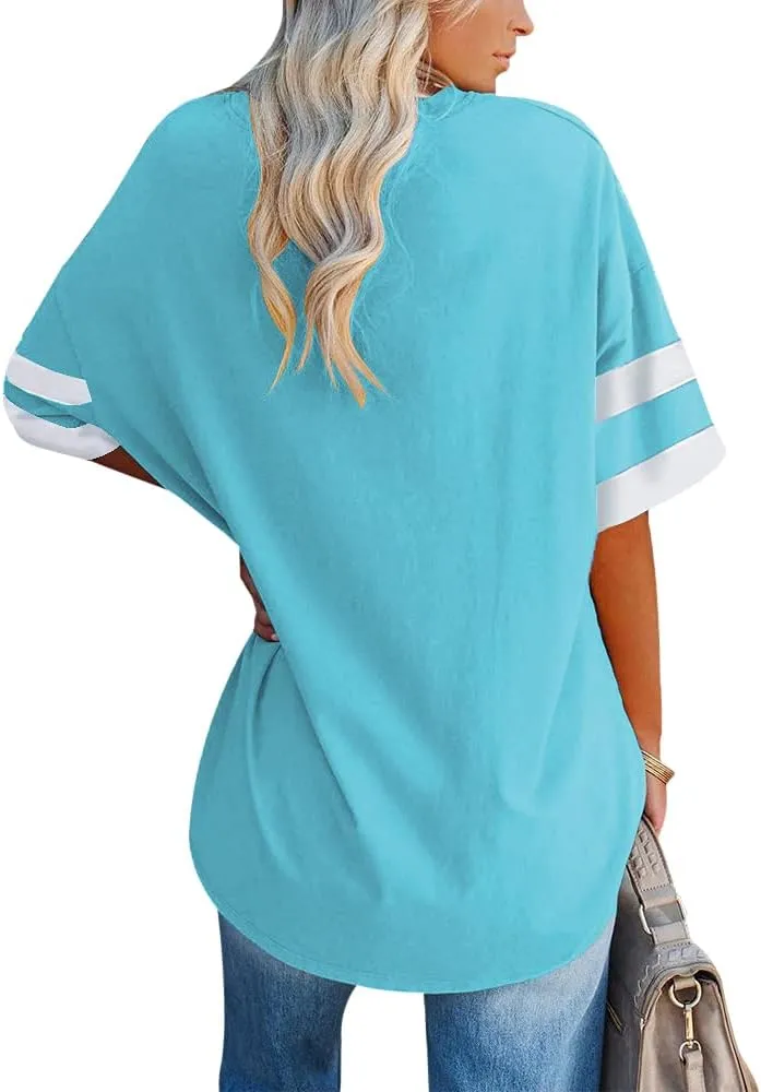 Fisoew Womens Oversized Tees Loose T Shirts Half Sleeve Crew Neck Color Block Cotton Tunic Tops