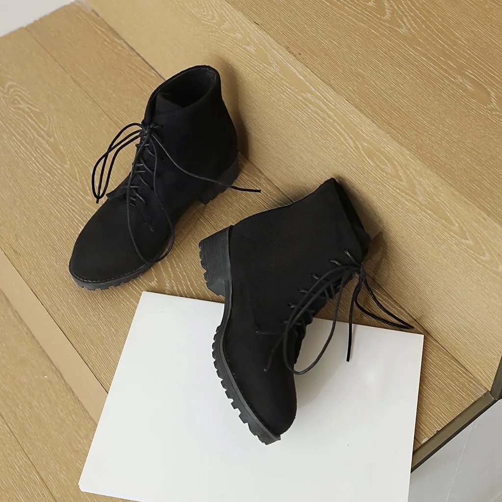 Flat Low Heels Lace Up Ankle Boots For Womens Casual Round Toe Suede Winter Dressy Short Booties