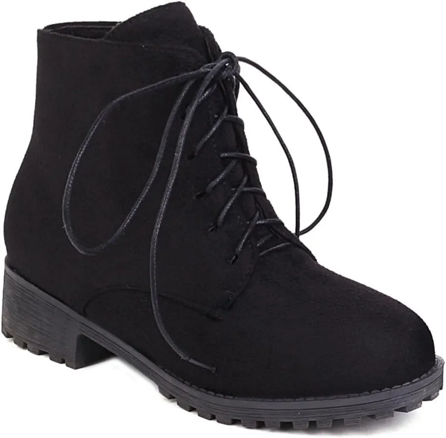 Flat Low Heels Lace Up Ankle Boots For Womens Casual Round Toe Suede Winter Dressy Short Booties