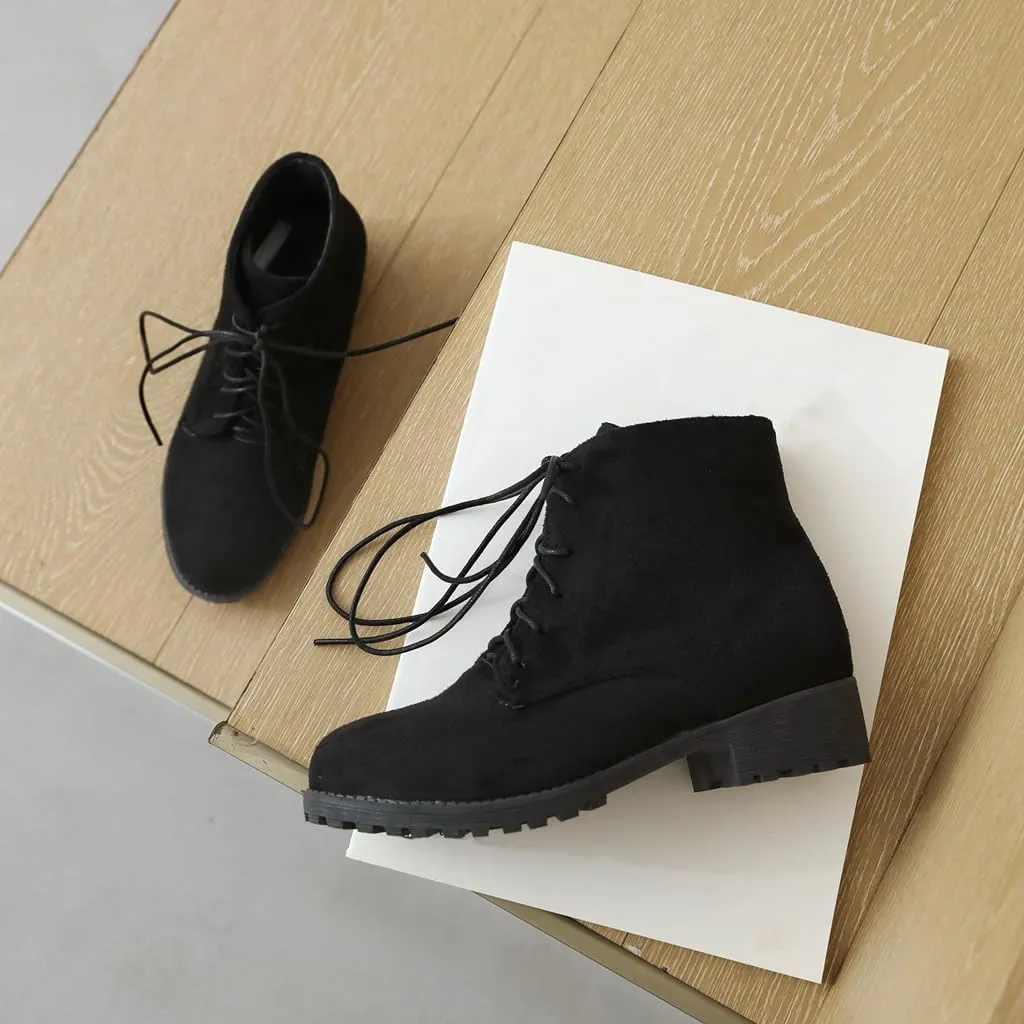 Flat Low Heels Lace Up Ankle Boots For Womens Casual Round Toe Suede Winter Dressy Short Booties