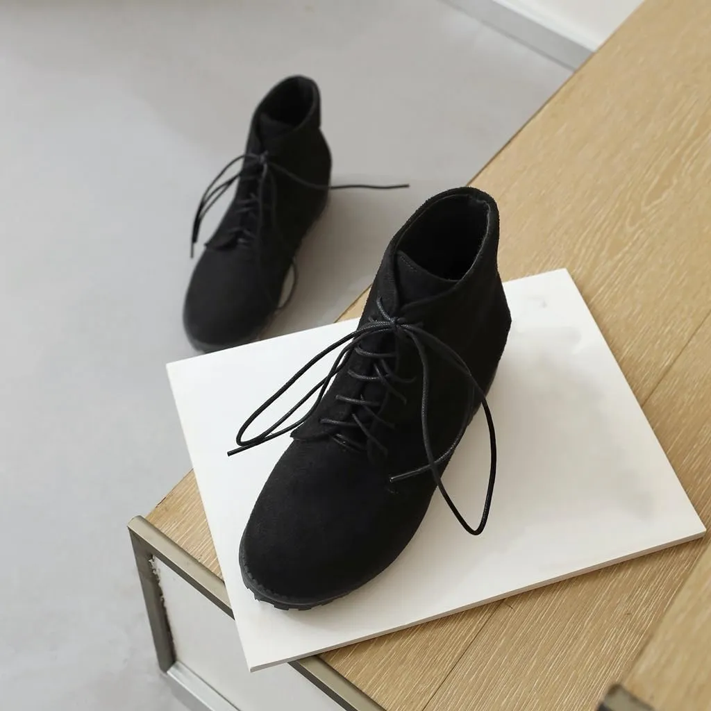 Flat Low Heels Lace Up Ankle Boots For Womens Casual Round Toe Suede Winter Dressy Short Booties