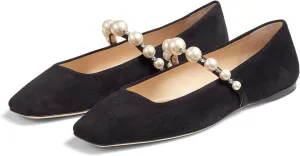 Flats for Women, Black Square Toe Mary Jane Ballet Flats with Pearl Strap, Comfortable Slip On for Wedding, Bride, Party