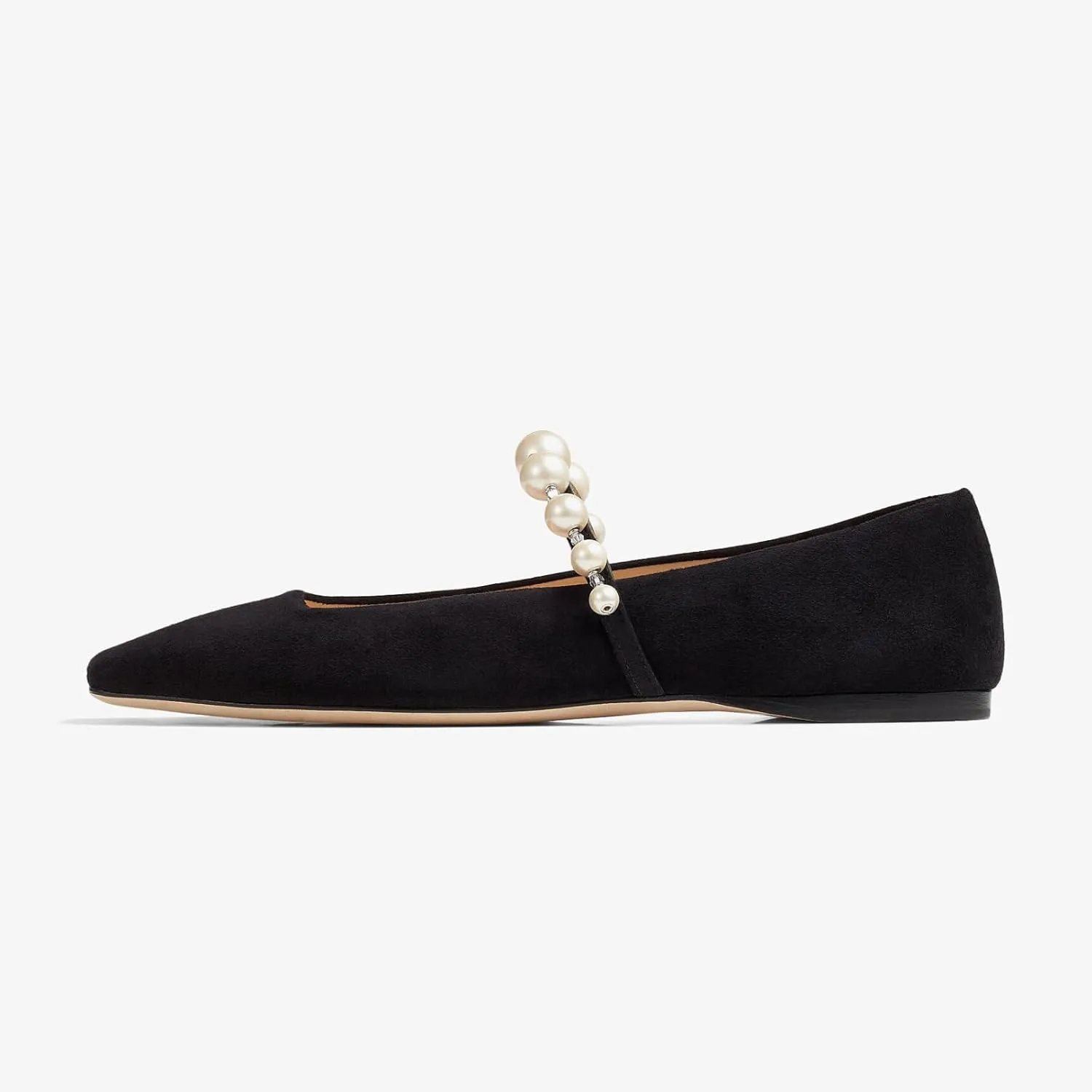 Flats for Women, Black Square Toe Mary Jane Ballet Flats with Pearl Strap, Comfortable Slip On for Wedding, Bride, Party
