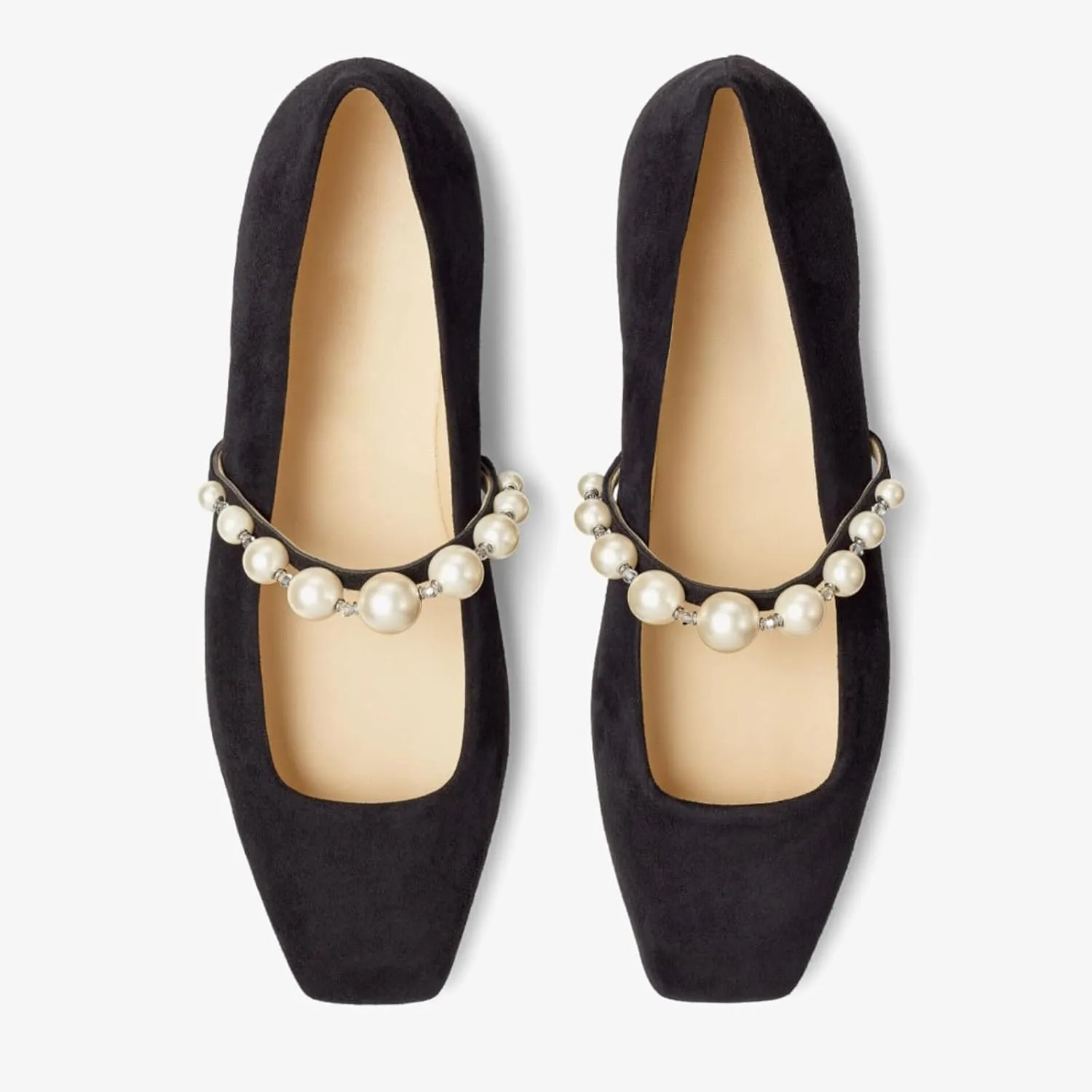 Flats for Women, Black Square Toe Mary Jane Ballet Flats with Pearl Strap, Comfortable Slip On for Wedding, Bride, Party