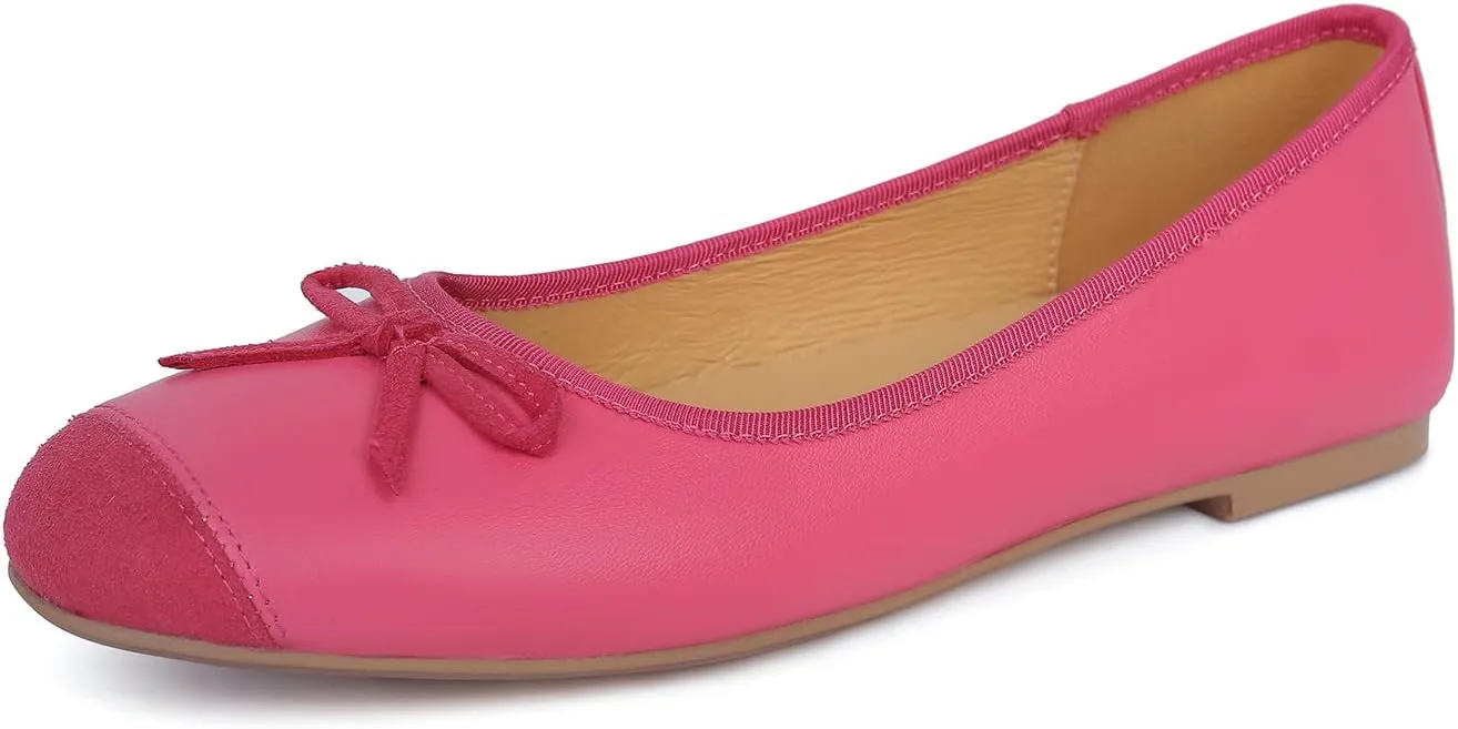 Flats for Women Lambskin Leather Ballet Flats Square Toe Two Tone Bowknot Flats Comfortable Work Dress Shoes