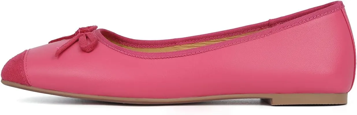 Flats for Women Lambskin Leather Ballet Flats Square Toe Two Tone Bowknot Flats Comfortable Work Dress Shoes