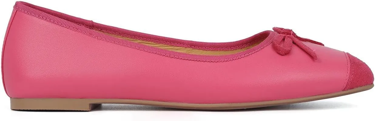 Flats for Women Lambskin Leather Ballet Flats Square Toe Two Tone Bowknot Flats Comfortable Work Dress Shoes
