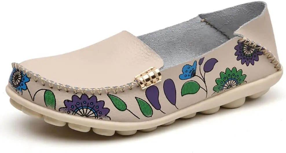 FolHaoth Women's Comfortable Leather Loafers Floral Print Slip On Moccasins Flats Casual Shoes for Women Round Toe Walking Nurse Breathable Driving Fashion Soft Shoes
