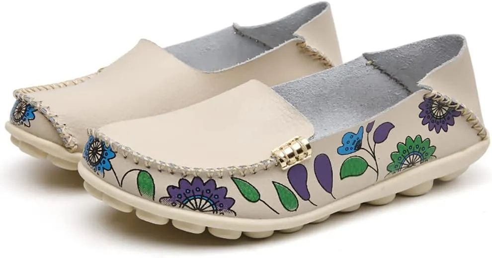 FolHaoth Women's Comfortable Leather Loafers Floral Print Slip On Moccasins Flats Casual Shoes for Women Round Toe Walking Nurse Breathable Driving Fashion Soft Shoes