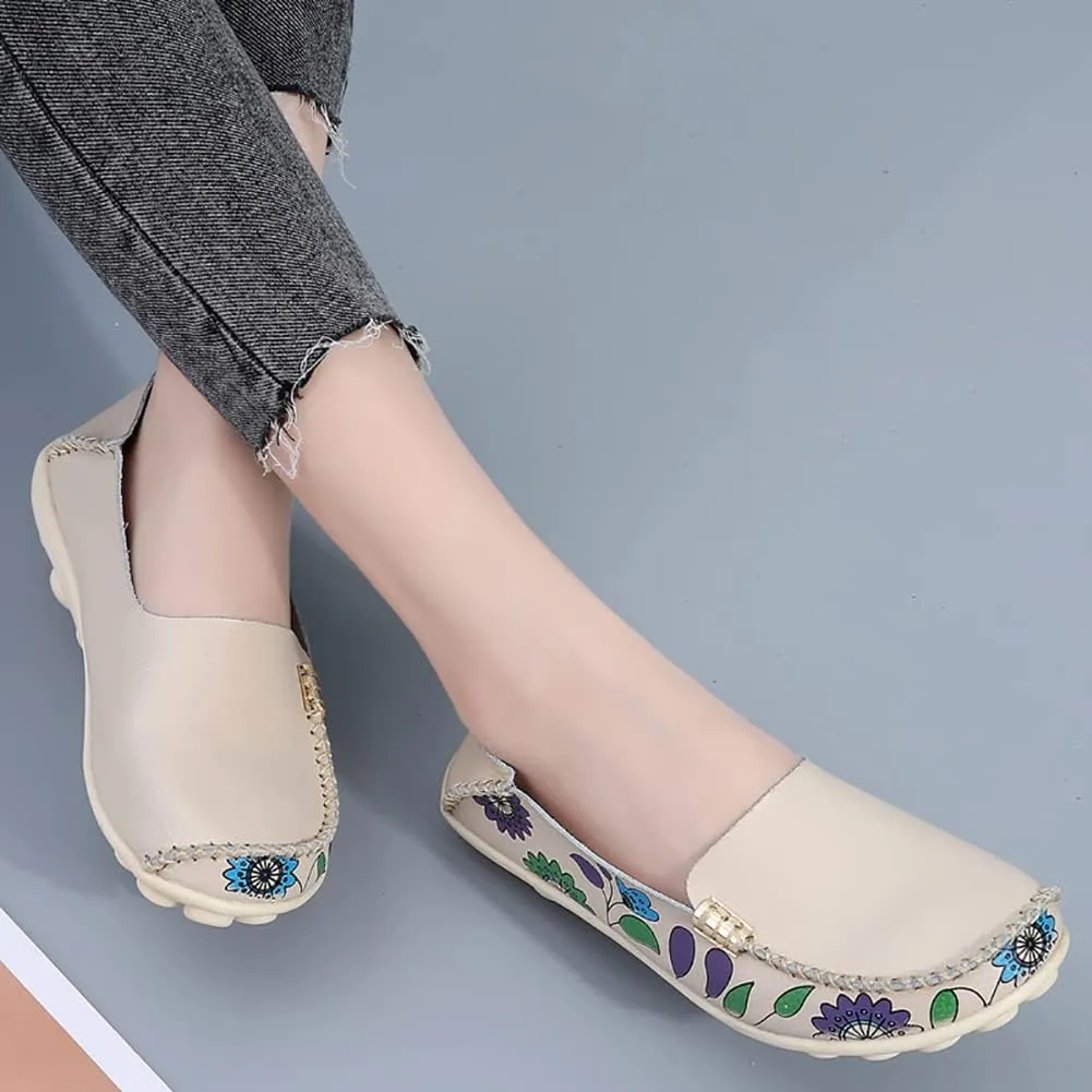 FolHaoth Women's Comfortable Leather Loafers Floral Print Slip On Moccasins Flats Casual Shoes for Women Round Toe Walking Nurse Breathable Driving Fashion Soft Shoes