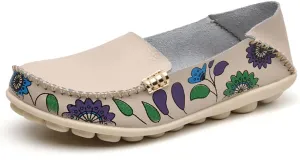 FolHaoth Women's Comfortable Leather Loafers Floral Print Slip On Moccasins Flats Casual Shoes for Women Round Toe Walking Nurse Breathable Driving Fashion Soft Shoes