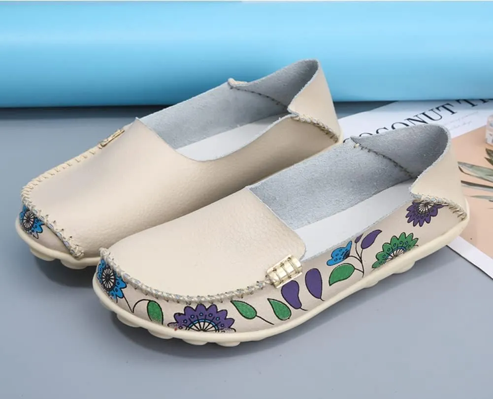 FolHaoth Women's Comfortable Leather Loafers Floral Print Slip On Moccasins Flats Casual Shoes for Women Round Toe Walking Nurse Breathable Driving Fashion Soft Shoes