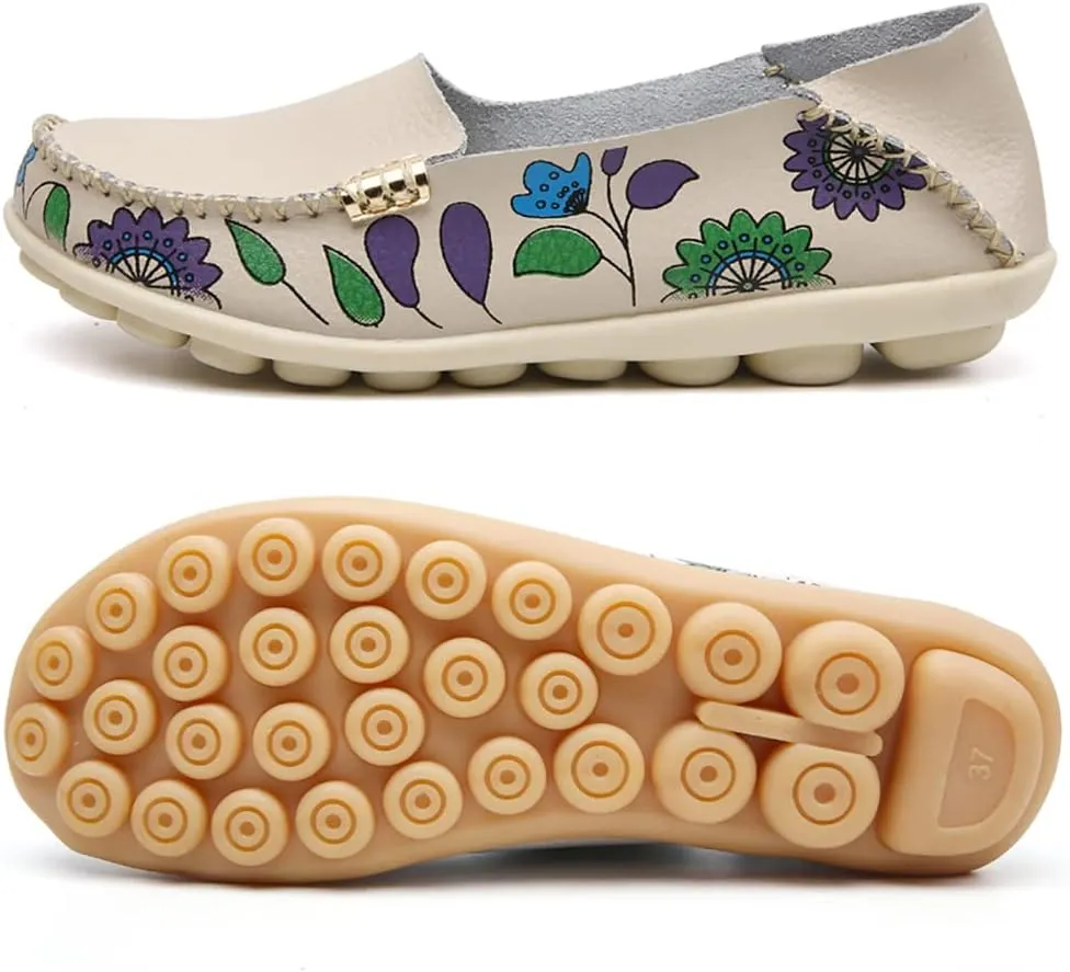 FolHaoth Women's Comfortable Leather Loafers Floral Print Slip On Moccasins Flats Casual Shoes for Women Round Toe Walking Nurse Breathable Driving Fashion Soft Shoes