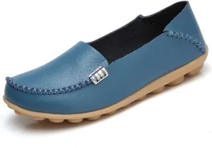 FolHaoth Women's Comfortable Leather Loafers Slip On Flats Casual Round Toe Moccasins Wild Walking Nurse Breathable Driving Fashion Soft Shoes
