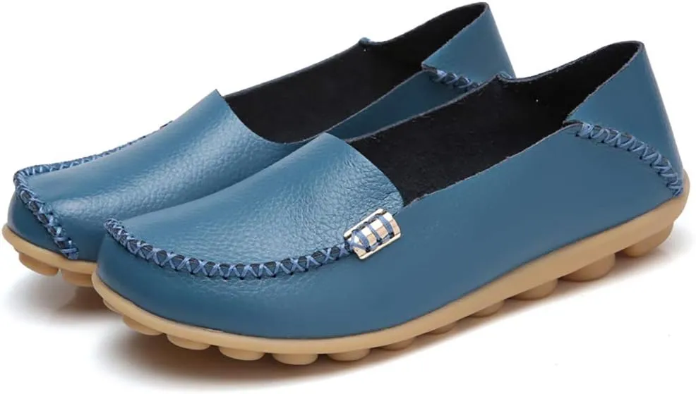 FolHaoth Women's Comfortable Leather Loafers Slip On Flats Casual Round Toe Moccasins Wild Walking Nurse Breathable Driving Fashion Soft Shoes
