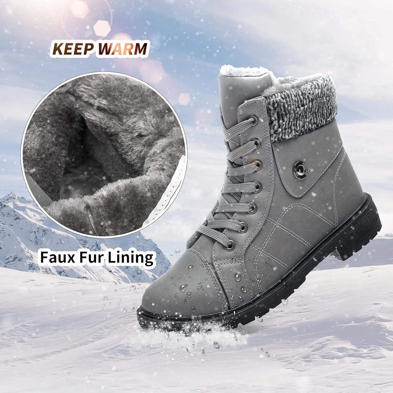 FRACORA Women's PU Leather Combat Boots Warm Fur Lined Black Ankle Booties Side Zipper White Boots Non-slip Winter Boots
