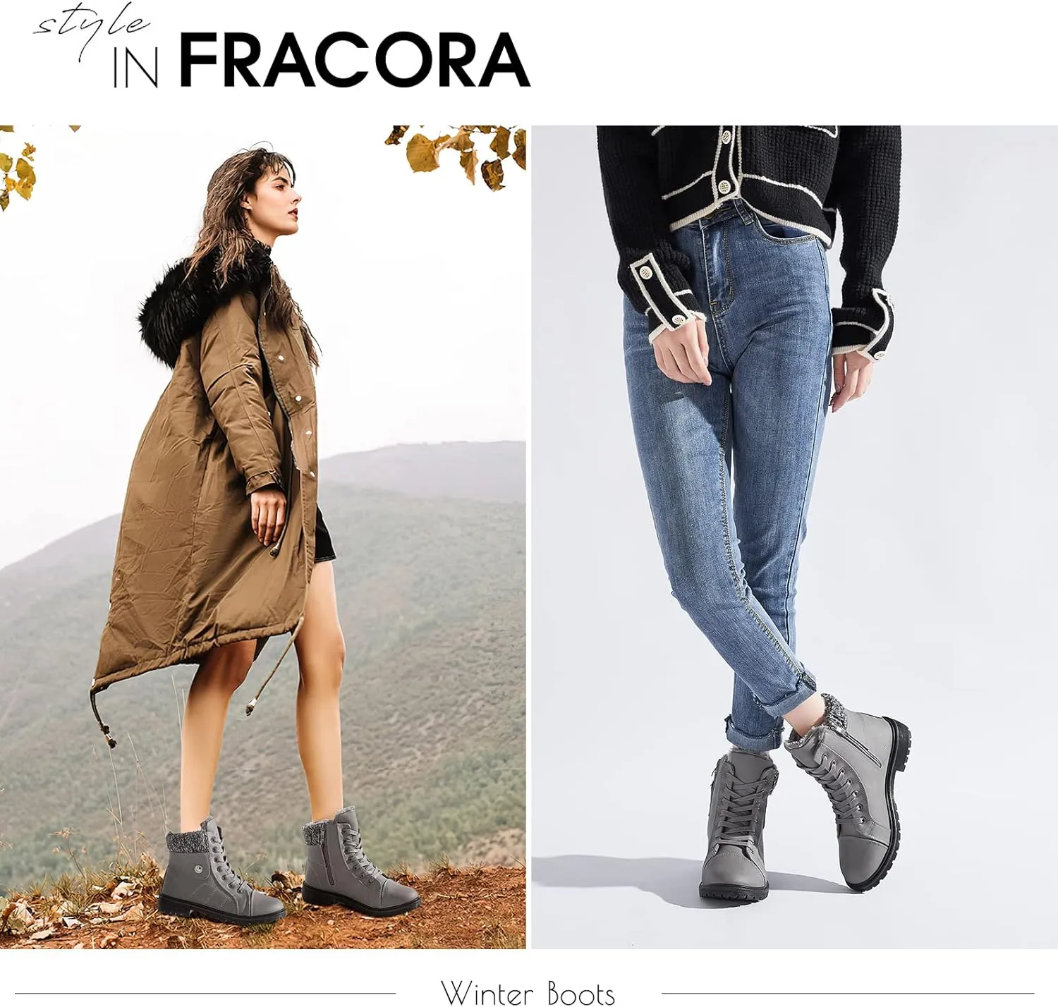 FRACORA Women's PU Leather Combat Boots Warm Fur Lined Black Ankle Booties Side Zipper White Boots Non-slip Winter Boots