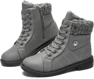 FRACORA Women's PU Leather Combat Boots Warm Fur Lined Black Ankle Booties Side Zipper White Boots Non-slip Winter Boots