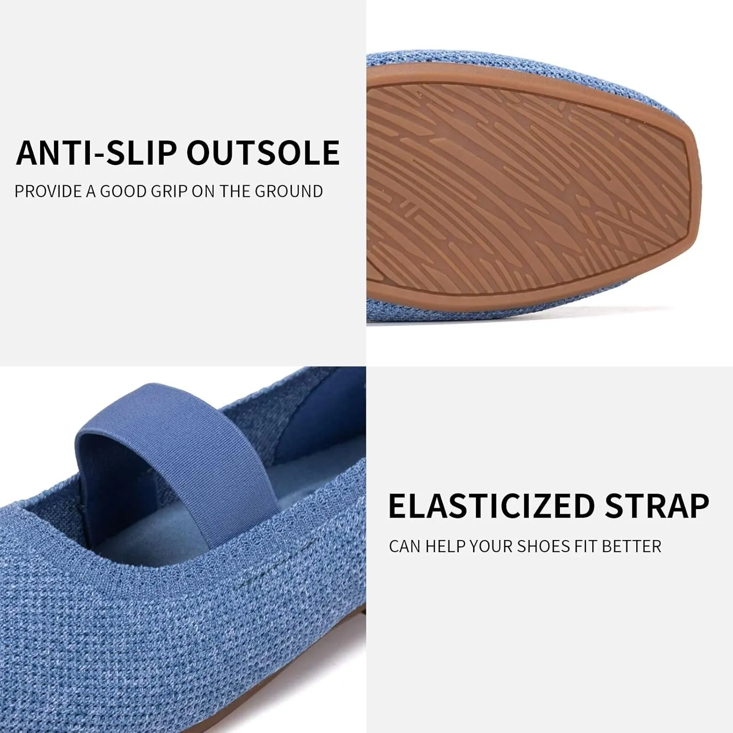 Frank Mully Women's Ballet Flats Slip on Casual Knitted Fabric Shoes Square-Toe Flats with Elastic Straps for Women