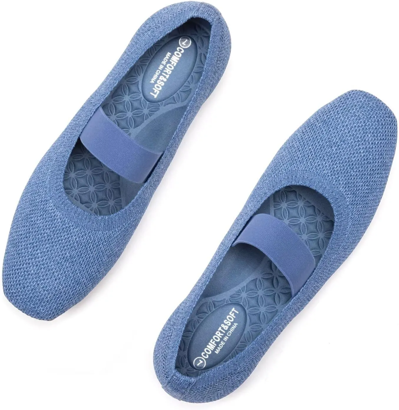 Frank Mully Women's Ballet Flats Slip on Casual Knitted Fabric Shoes Square-Toe Flats with Elastic Straps for Women