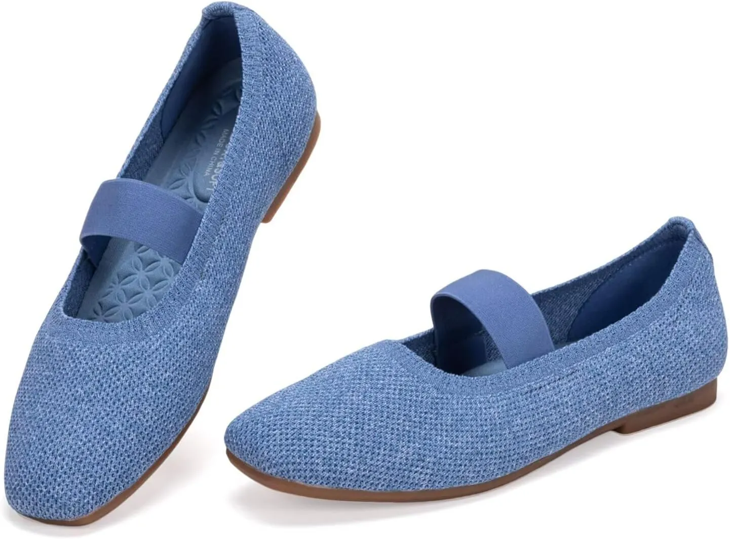 Frank Mully Women's Ballet Flats Slip on Casual Knitted Fabric Shoes Square-Toe Flats with Elastic Straps for Women