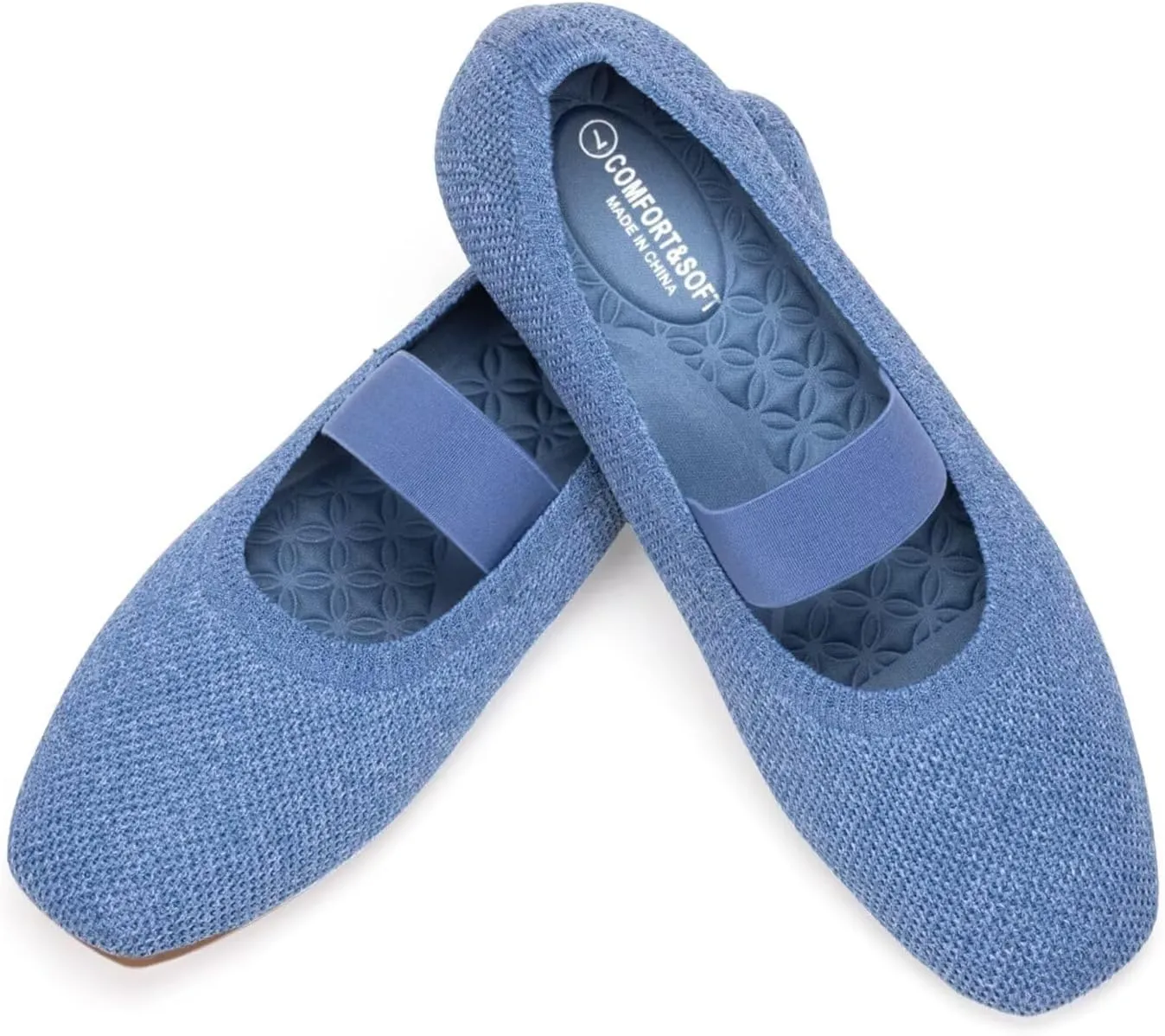 Frank Mully Women's Ballet Flats Slip on Casual Knitted Fabric Shoes Square-Toe Flats with Elastic Straps for Women