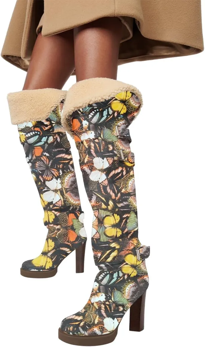 FSJ Women Over The Knee Boots Platform Chunky High Heels Round Toe Buckled Strappy Folded Fur Collar Fashion Warm Fall Winter Shoes Size 4-16 US