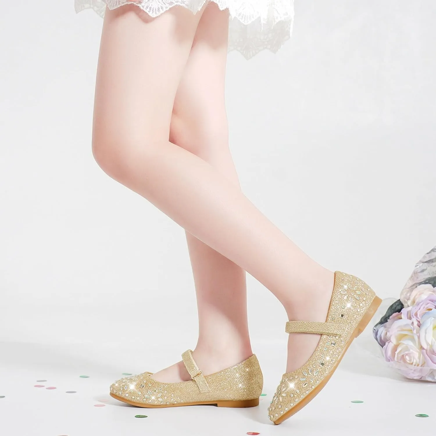 Furdeour Girls Dress Shoes Mary Jane Flower Wedding Party Bridesmaids Shoes Glitter Princess Ballet Flats for Kid Toddler