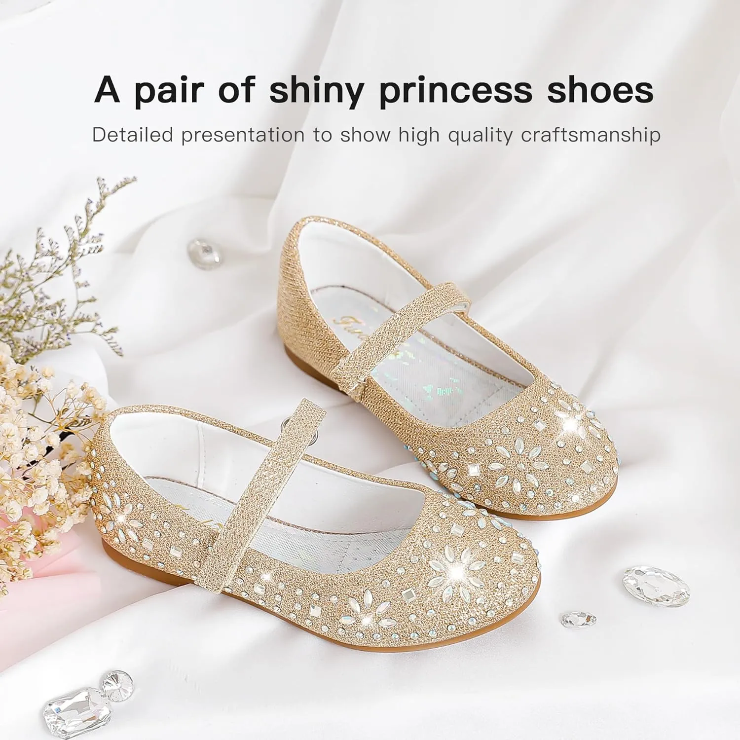 Furdeour Girls Dress Shoes Mary Jane Flower Wedding Party Bridesmaids Shoes Glitter Princess Ballet Flats for Kid Toddler