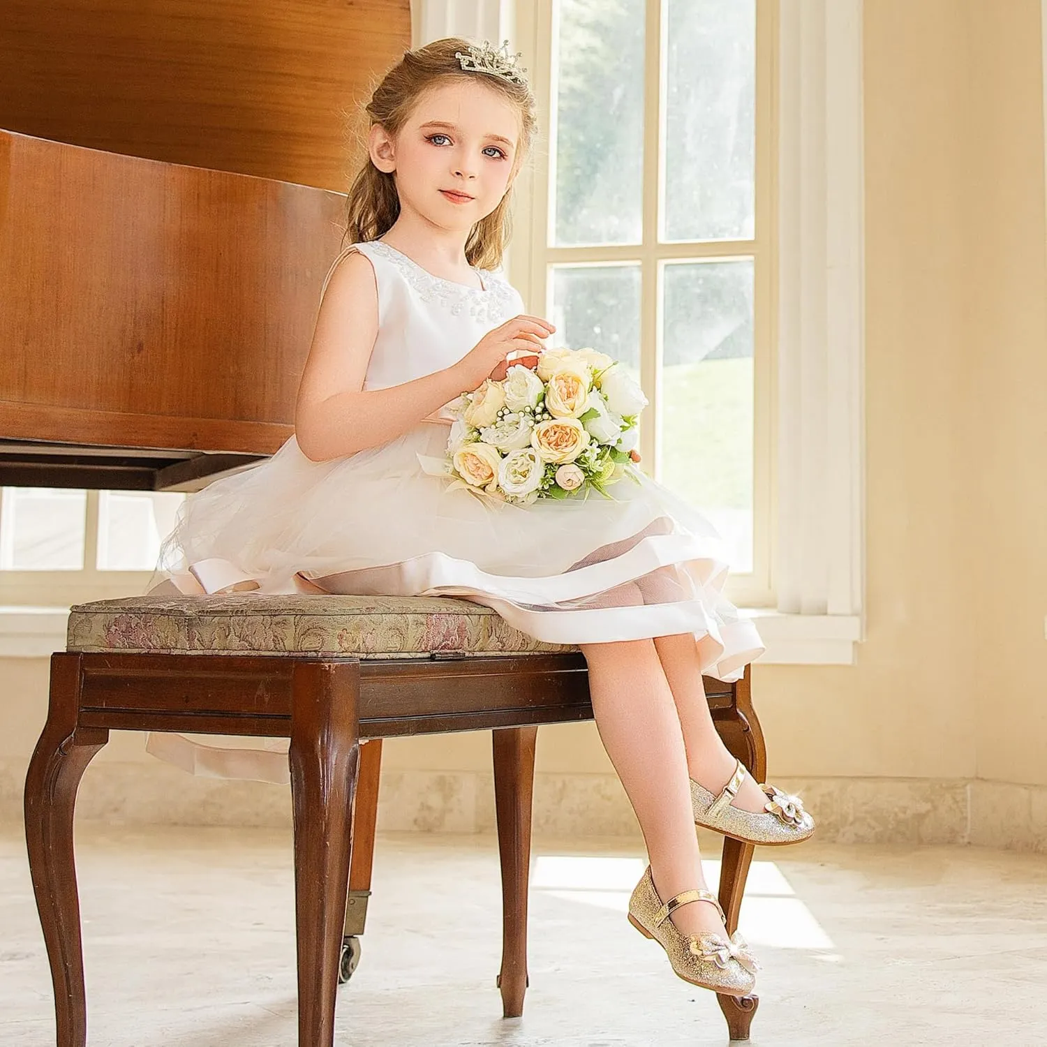 Furdeour Girls Dress Shoes Mary Jane Flower Wedding Party Bridesmaids Shoes Glitter Princess Ballet Flats for Kid Toddler