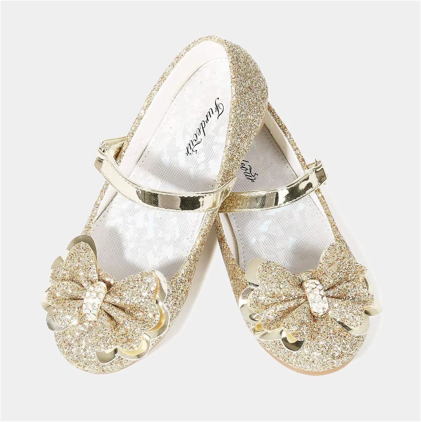 Furdeour Girls Dress Shoes Mary Jane Flower Wedding Party Bridesmaids Shoes Glitter Princess Ballet Flats for Kid Toddler