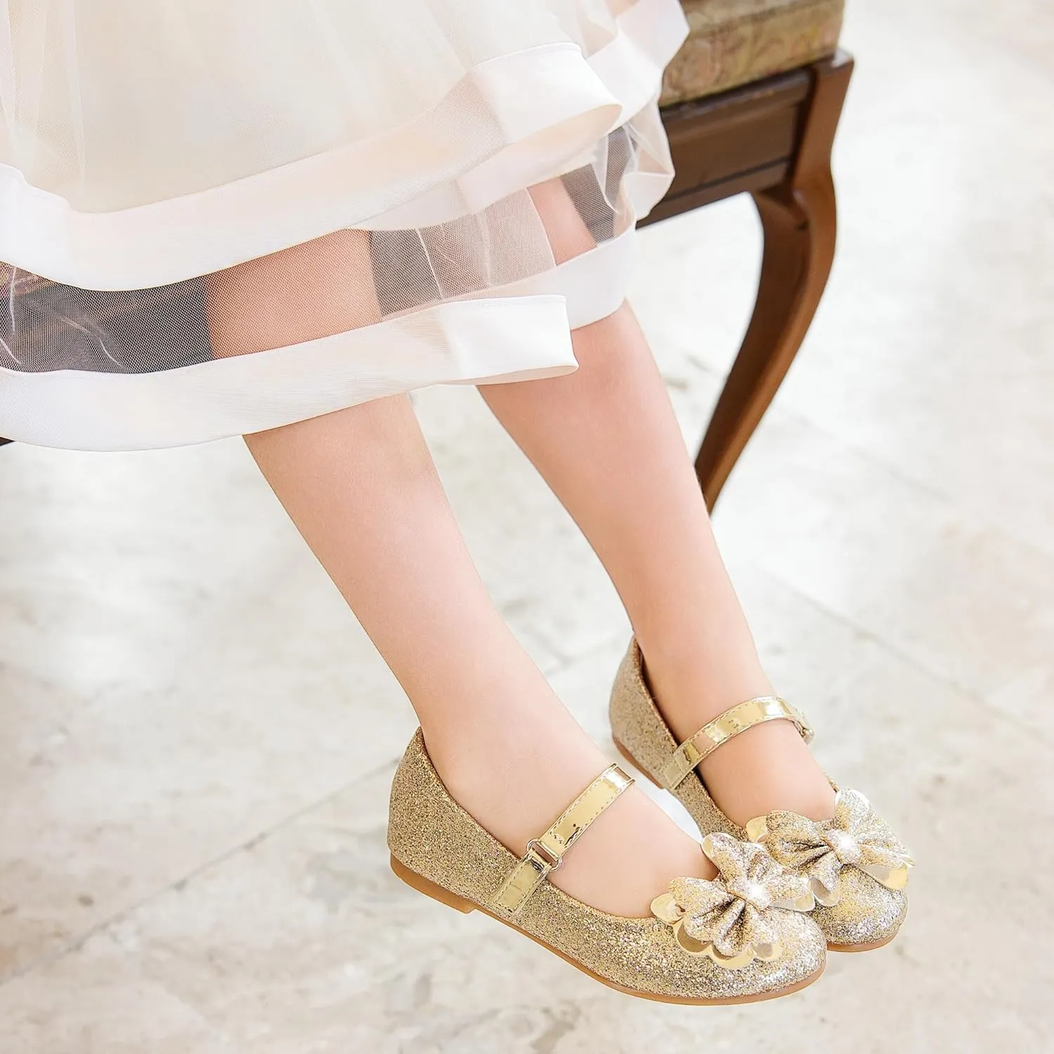 Furdeour Girls Dress Shoes Mary Jane Flower Wedding Party Bridesmaids Shoes Glitter Princess Ballet Flats for Kid Toddler