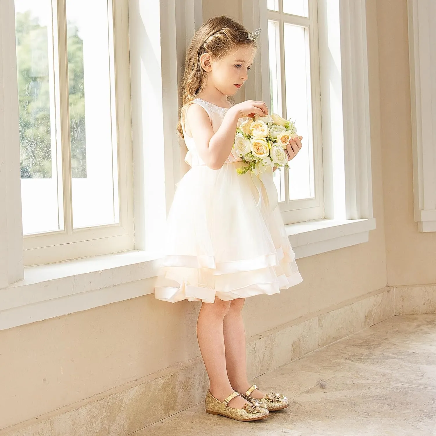 Furdeour Girls Dress Shoes Mary Jane Flower Wedding Party Bridesmaids Shoes Glitter Princess Ballet Flats for Kid Toddler