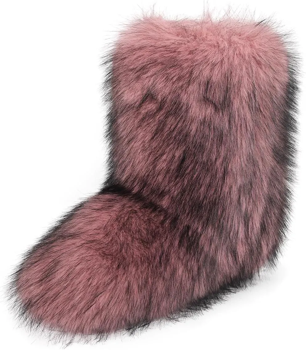 Furry Faux Fur Boots Women's Winter Shoes Woman Fluffy Warm Snow Boots Mid-Calf Comfortable Outdoor Flat