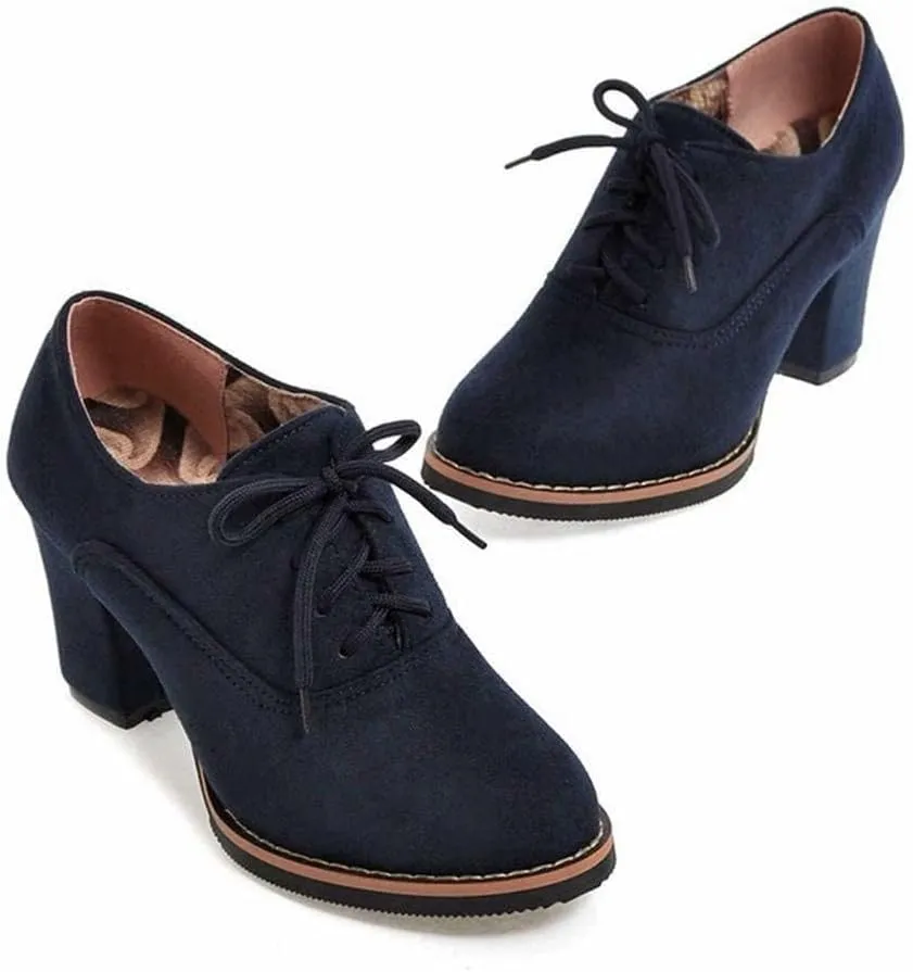 Generic Women’s Block Heel Pumps Comfort Oxfords Shoes Suede Lace up Dress Shoes Chunky Mid Heels Ankle Boots
