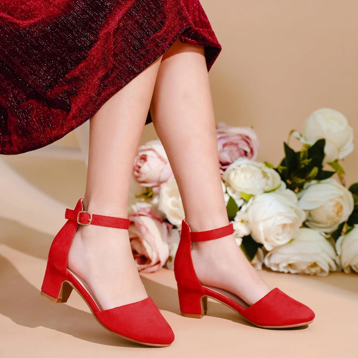 Girls Dress Shoes Closed Toe Chunky High Heels Ankle Strap Wedding Party Pump Shoes