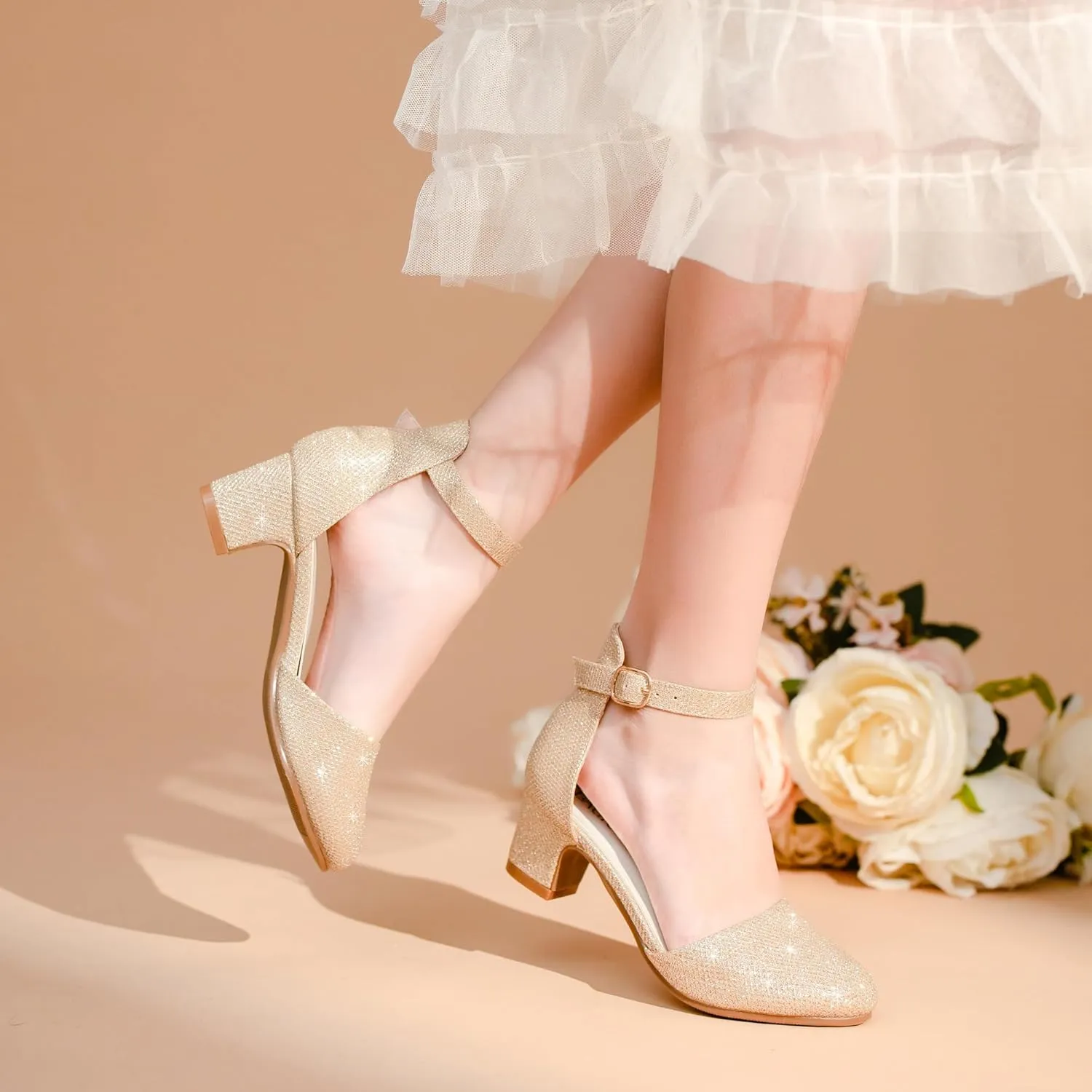 Girls Dress Shoes Closed Toe Chunky High Heels Ankle Strap Wedding Party Pump Shoes