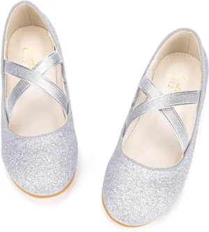 Girls Glitter Ballerina Dress Shoes Mary Jane Ballet Flats for Girls Wedding Party Back to School with Elastic Strap