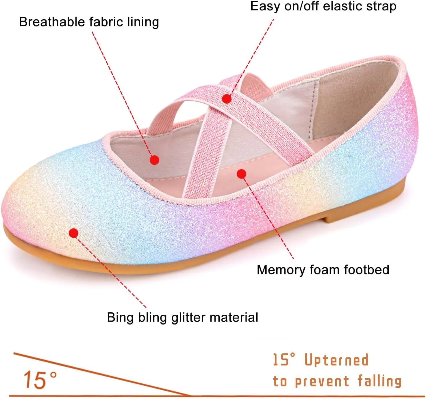Girls Glitter Ballerina Dress Shoes Mary Jane Ballet Flats for Girls Wedding Party Back to School with Elastic Strap