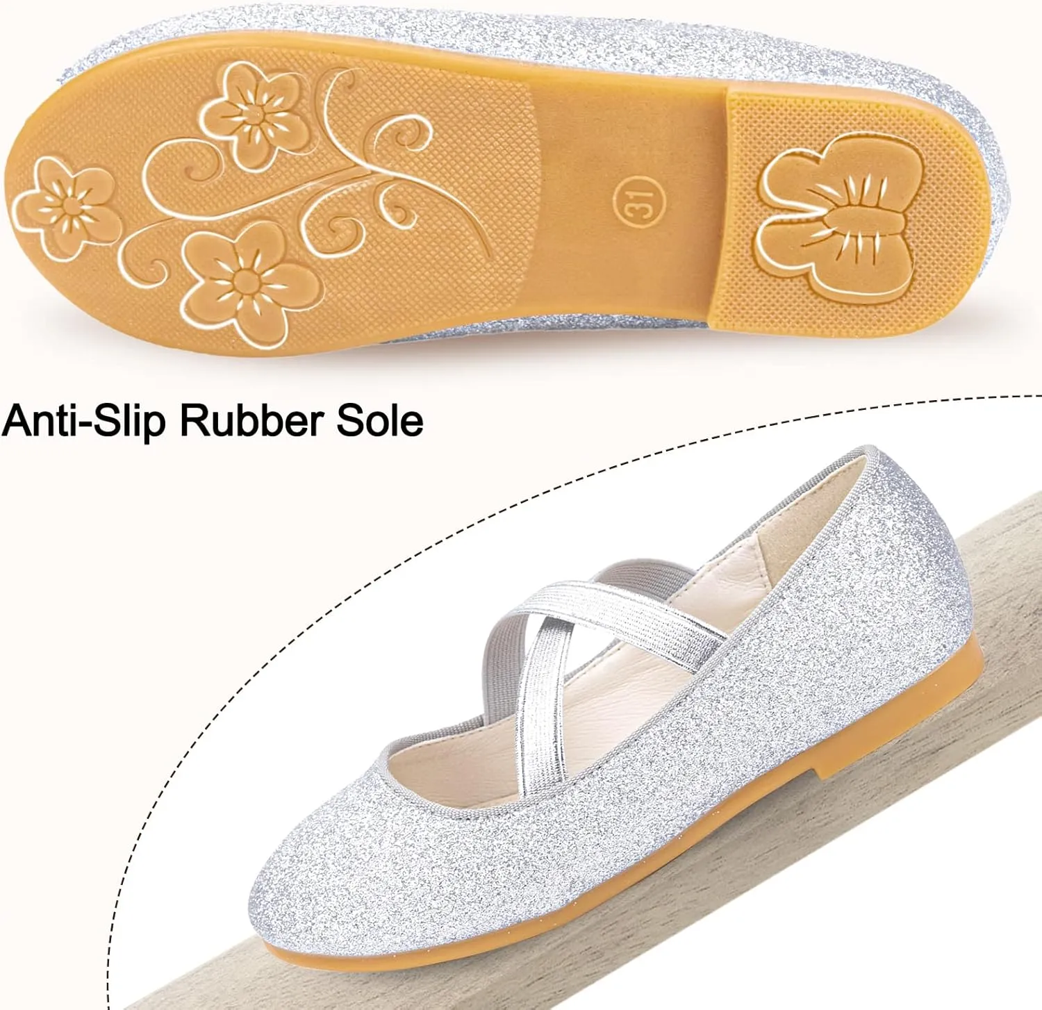 Girls Glitter Ballerina Dress Shoes Mary Jane Ballet Flats for Girls Wedding Party Back to School with Elastic Strap