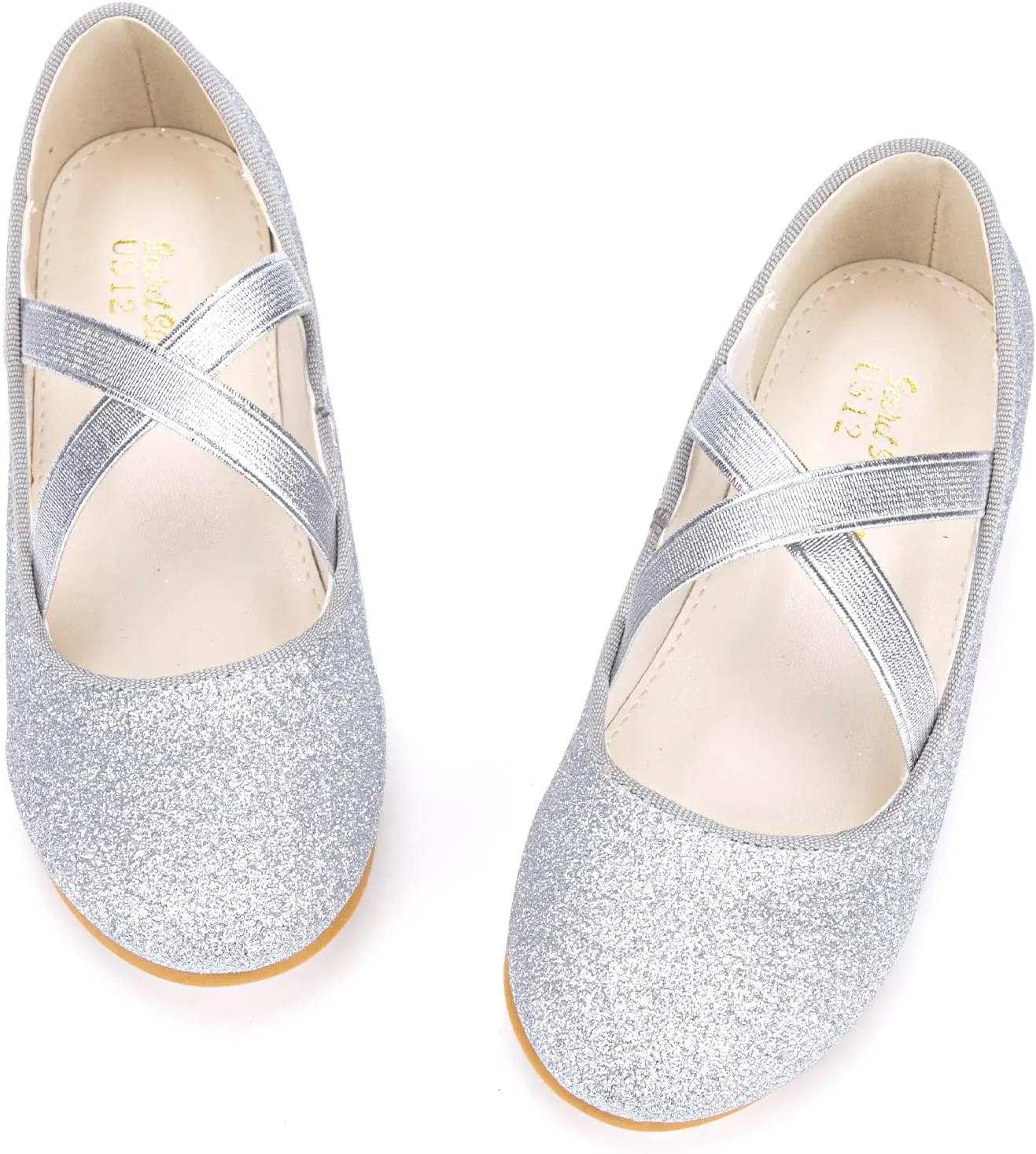 Girls Glitter Ballerina Dress Shoes Mary Jane Ballet Flats for Girls Wedding Party Back to School with Elastic Strap