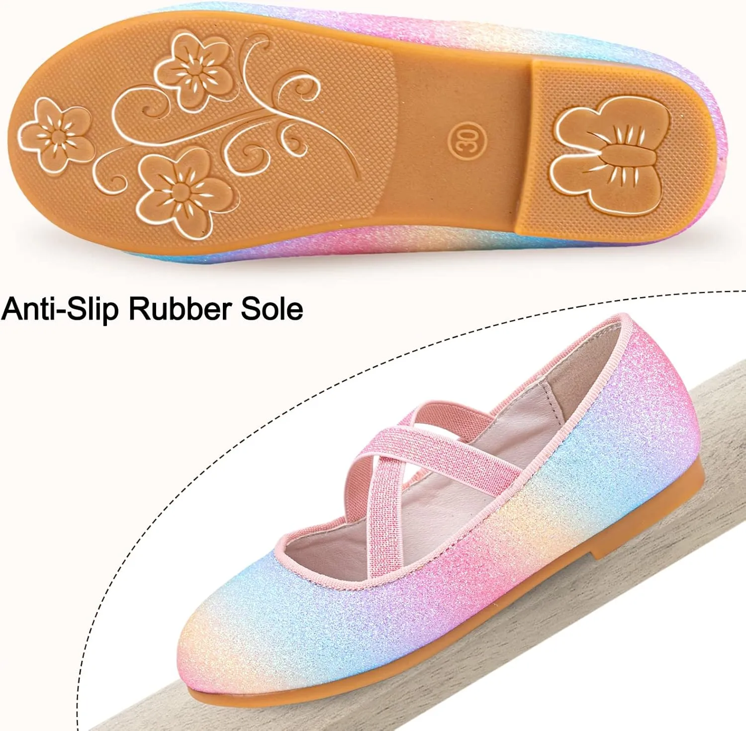 Girls Glitter Ballerina Dress Shoes Mary Jane Ballet Flats for Girls Wedding Party Back to School with Elastic Strap