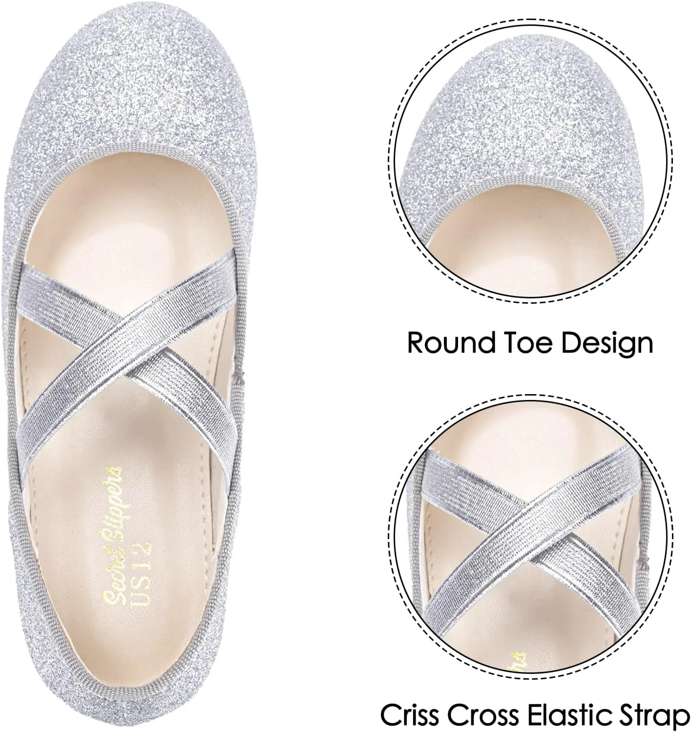 Girls Glitter Ballerina Dress Shoes Mary Jane Ballet Flats for Girls Wedding Party Back to School with Elastic Strap