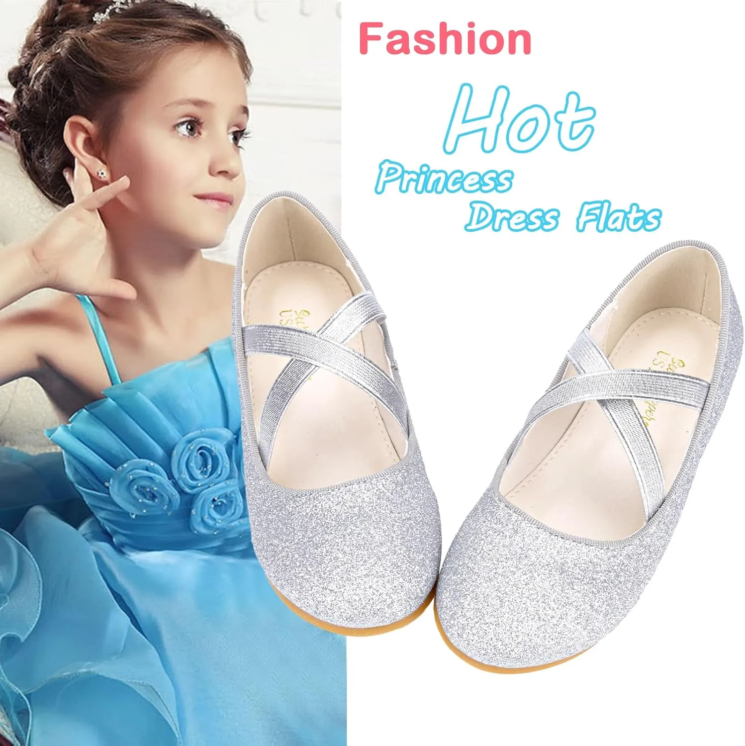 Girls Glitter Ballerina Dress Shoes Mary Jane Ballet Flats for Girls Wedding Party Back to School with Elastic Strap