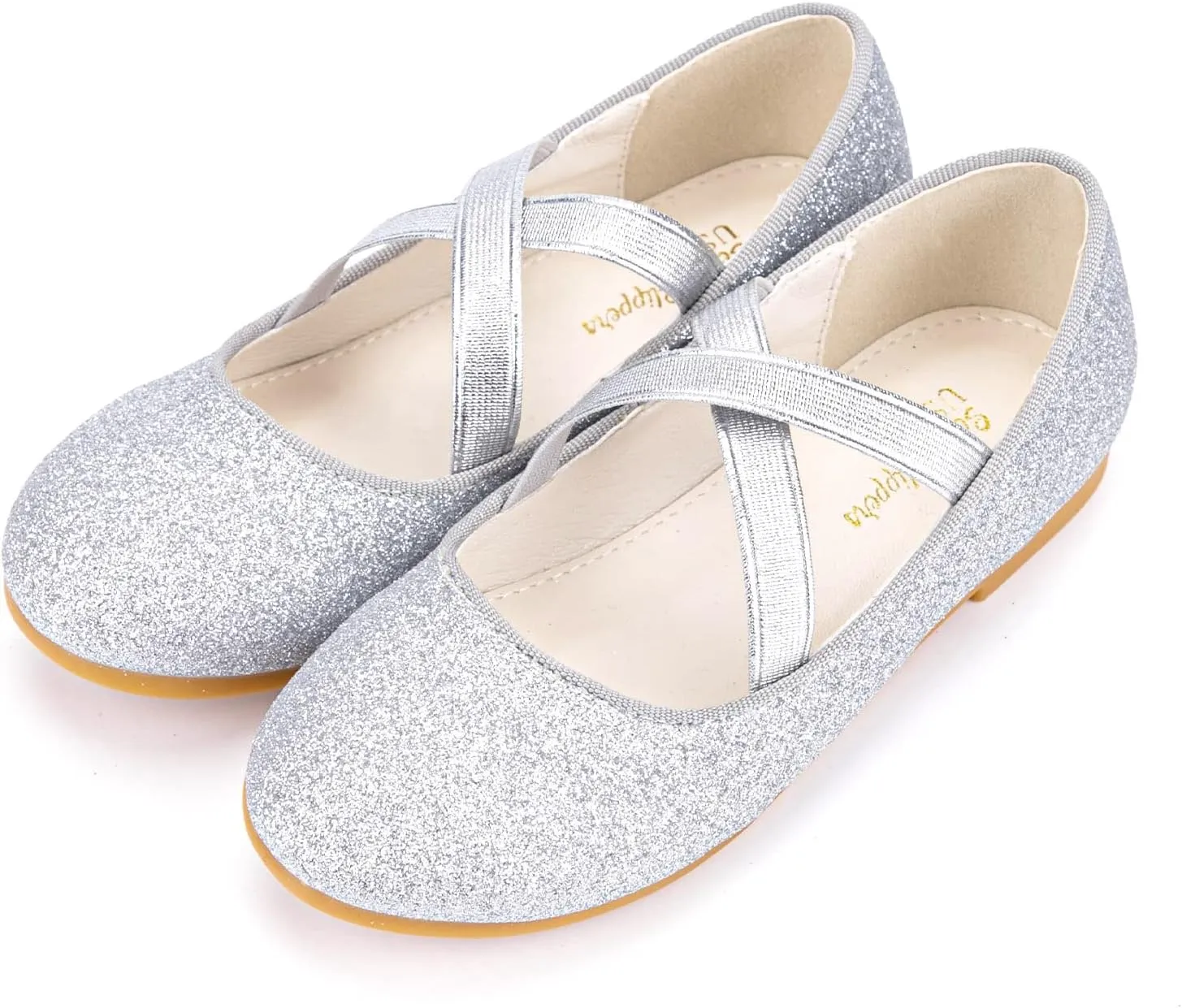 Girls Glitter Ballerina Dress Shoes Mary Jane Ballet Flats for Girls Wedding Party Back to School with Elastic Strap